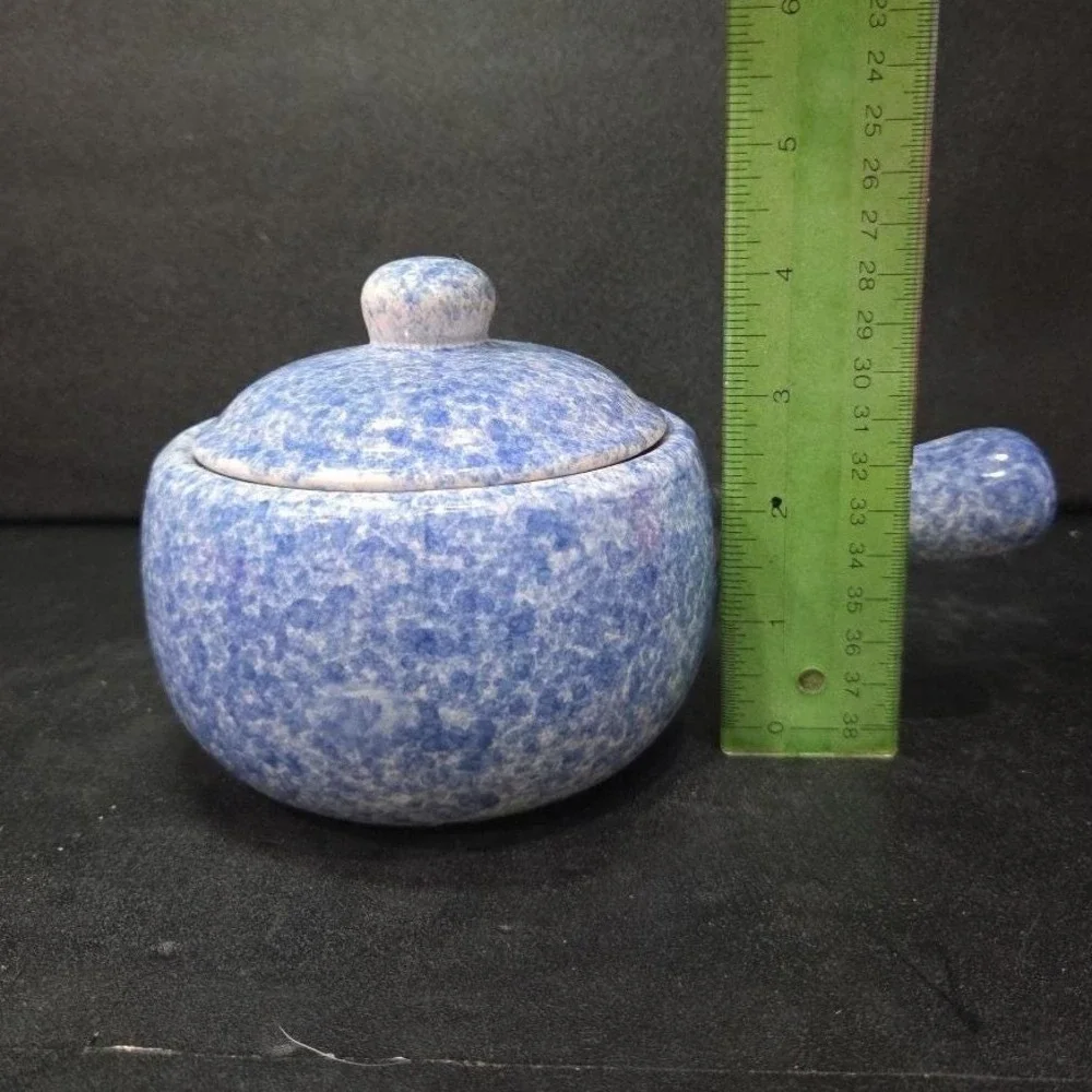 Stoneware Individual‎ Serving Soup Tureen, Blue Speckled Spongeware Crock Pot